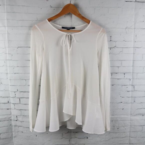 FRENCH CONNECTION WINTER WHITE LONG SLEEVE PEPLUM TOP WITH TIE DETAIL SIZE XS - Picture 1 of 10